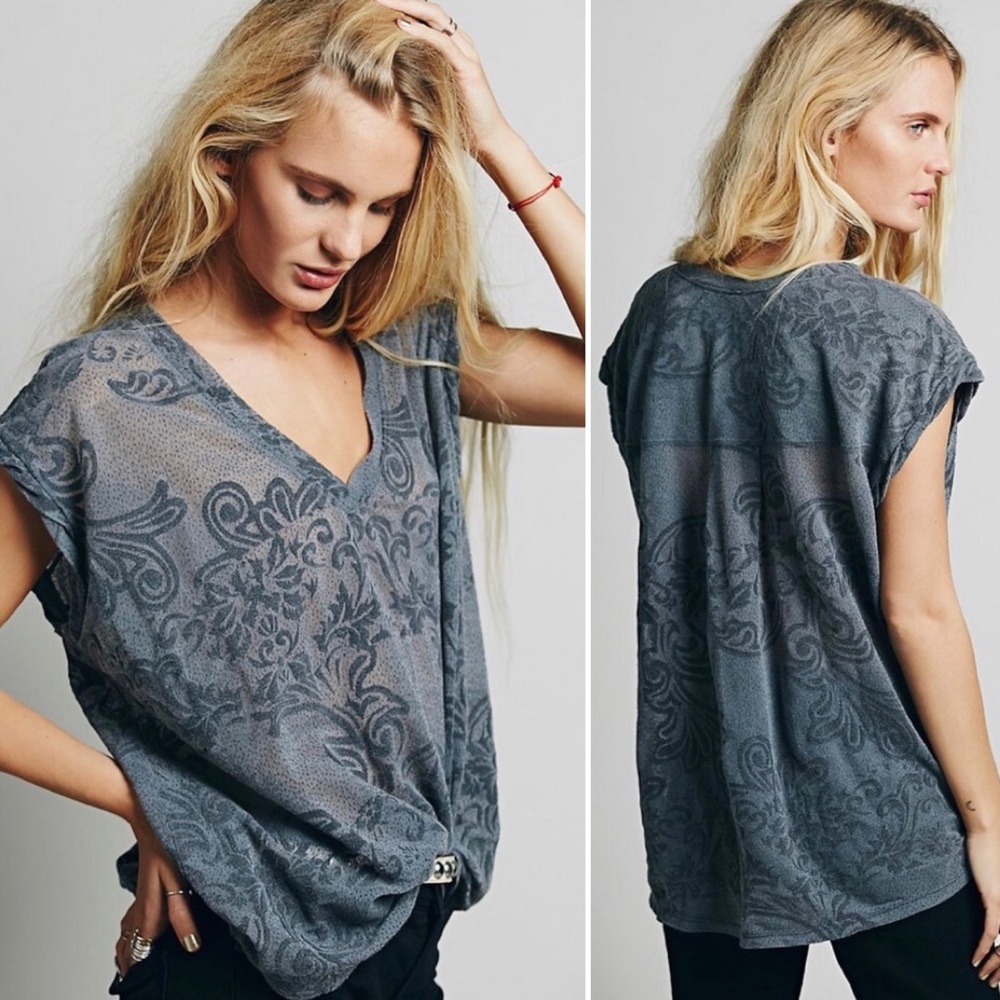 Free People Lacey T-Shirt Grey/Light Blue XS